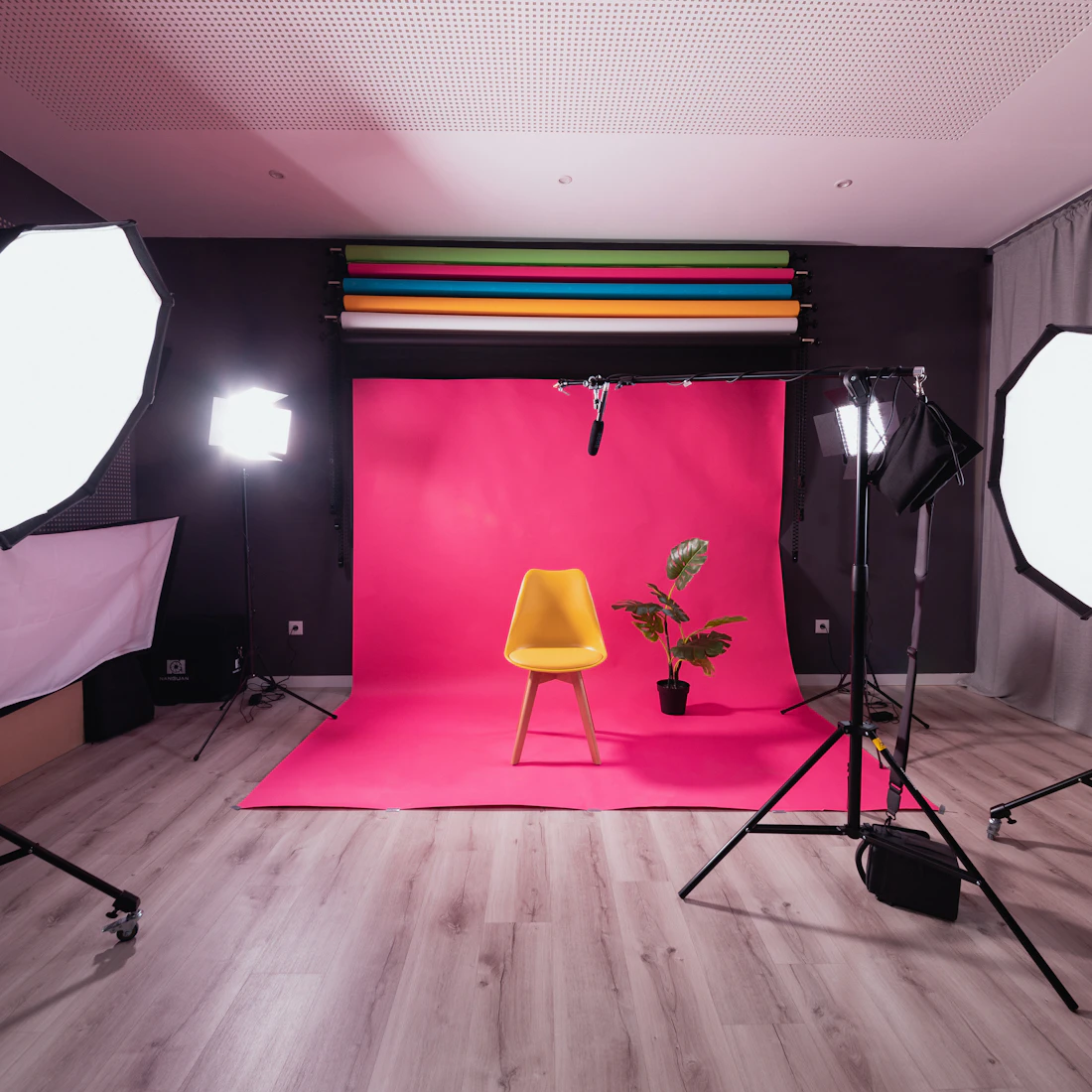 Fotografické studio s růžovým pozadím, žlutou židlí a rostlinou